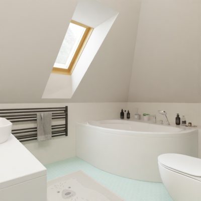 Biała łazienka z kolorową podłogą